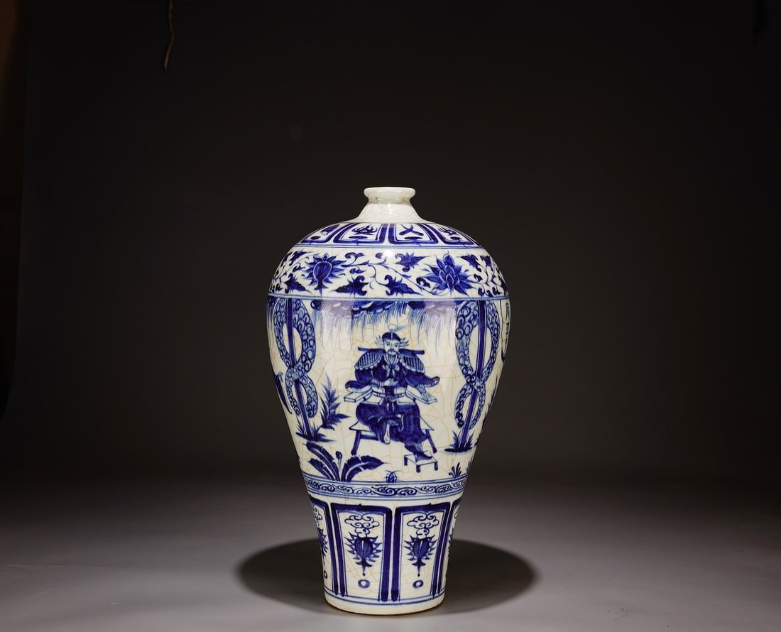 A BLUE AND WHITE 'FIGURES AND STORY' MEIPING: A BLUE AND WHITE 'FIGURES AND STORY' MEIPING Dimensions: Height: 44.5 cm (17.52 in.), Width: 25 cm (9.84 in.). All measurements are approximate.