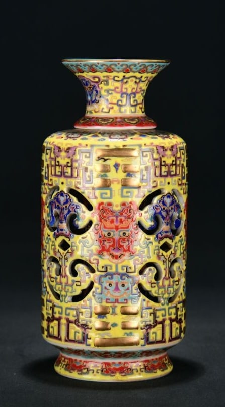 AN ENAMEL 'EIGHT TRIGRAMS' OPENWORK REVOLVING VASE (1 of 9)