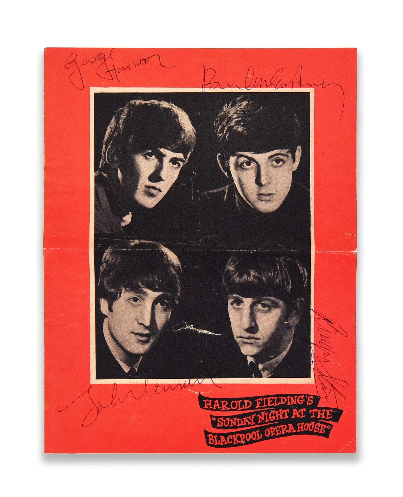 THE BEATLES - FULLY SIGNED "SUNDAY NIGHT AT THE BLACKPOOL OPERA HOUSE" PROGRAMME / FLYER: THE BEATLES - FULLY SIGNED "SUNDAY NIGHT AT THE BLACKPOOL OPERA HOUSE" PROGRAMME / FLYER Provenance and Authenticity: The piece bears signatures of all four members of The Beatles-John Lennon, Paul Mc