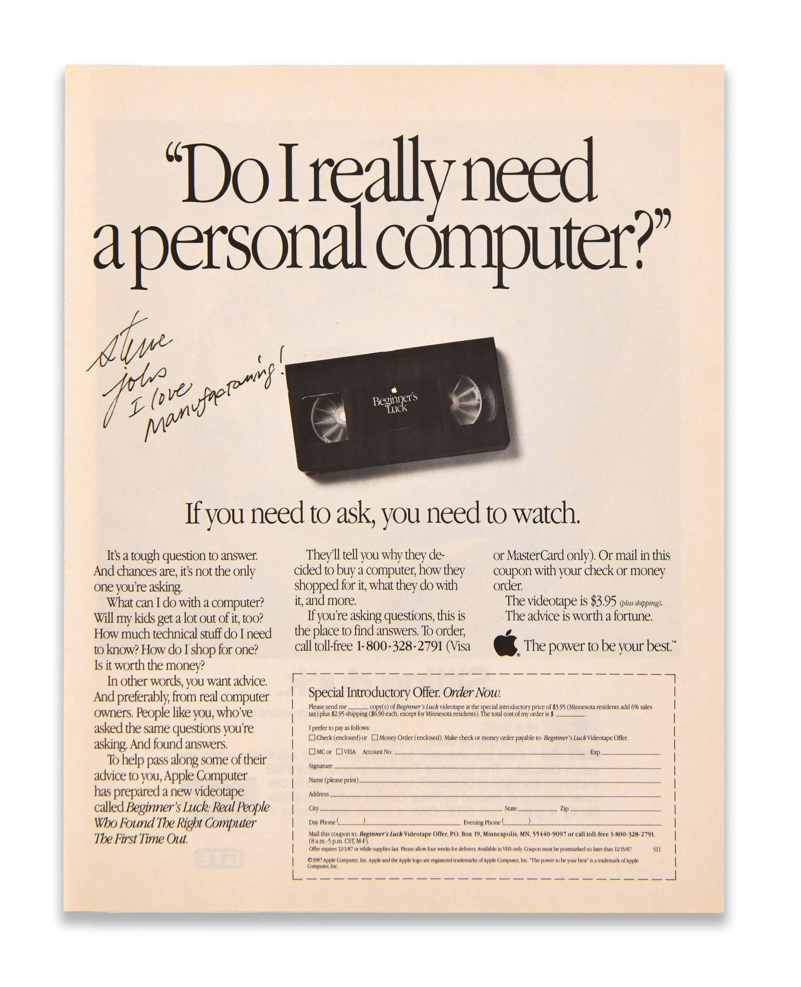 STEVE JOBS - INSCRIBED SIGNED APPLE COMPUTER ADVERTISEMENT PAGE (1 of 2)