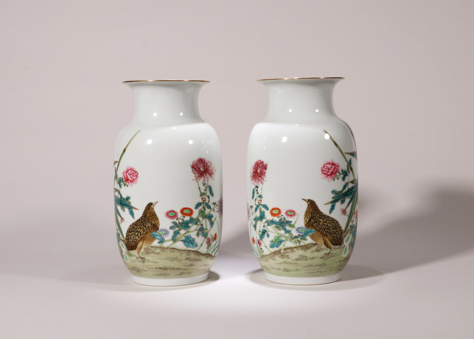 A PAIR OF FAMILLE ROSE 'PEACE AND PROSPERITY' LANTERN VASES: A PAIR OF FAMILLE ROSE 'PEACE AND PROSPERITY' LANTERN VASES Dimensions: Height: 24 cm (9.45 in.). All measurements are approximate.