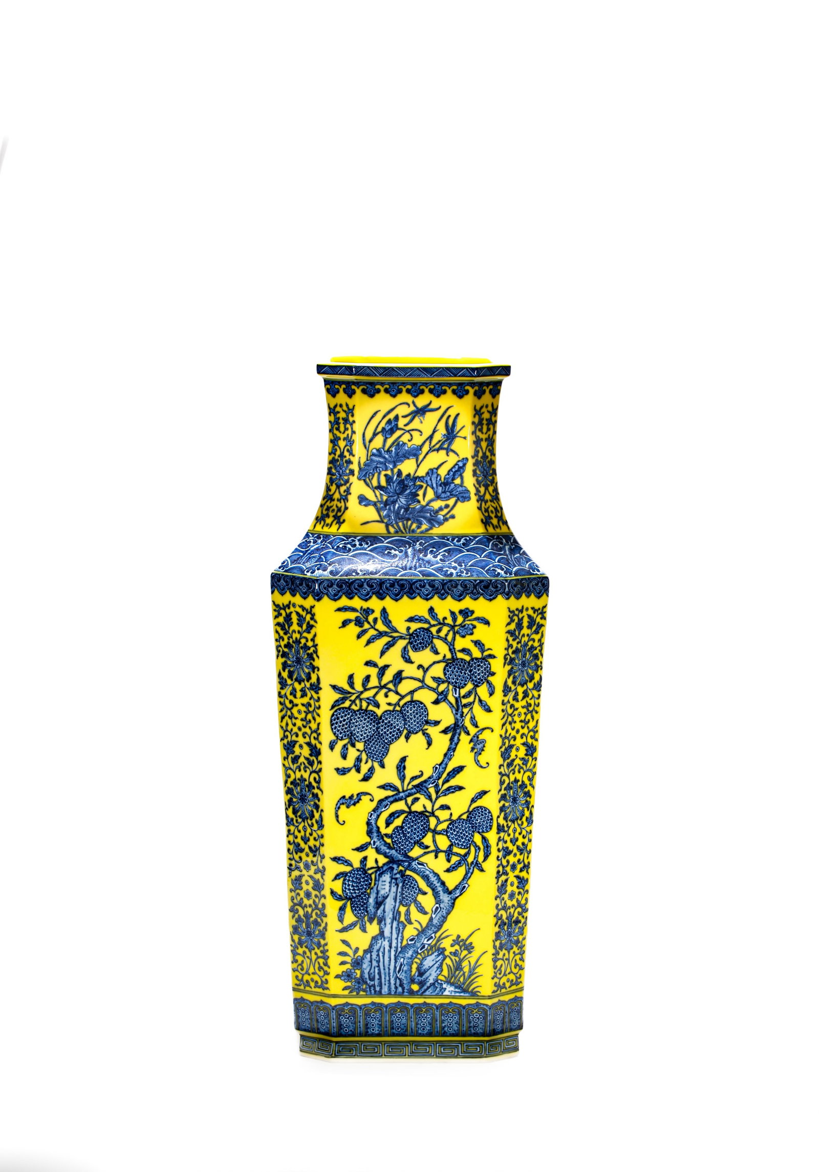 A YELLOW-GROUND BLUE AND WHITE 'FLOWERS AND FRUIT' LARGE VASE (1 of 11)