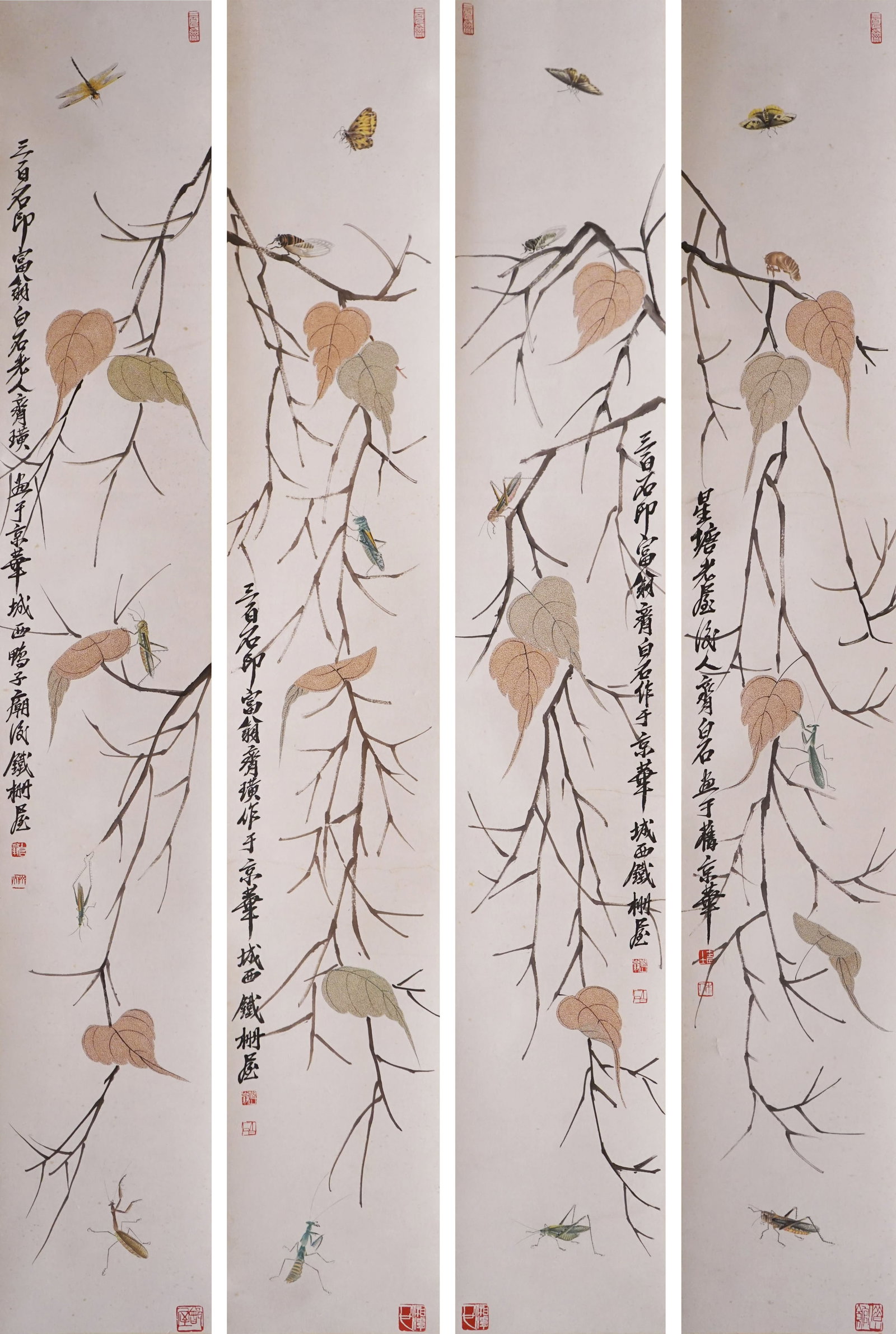 QI BAISHI (1864-1957), ATTRIBUTED TO, INSECT ON A LEAF (FOUR SCREENS)