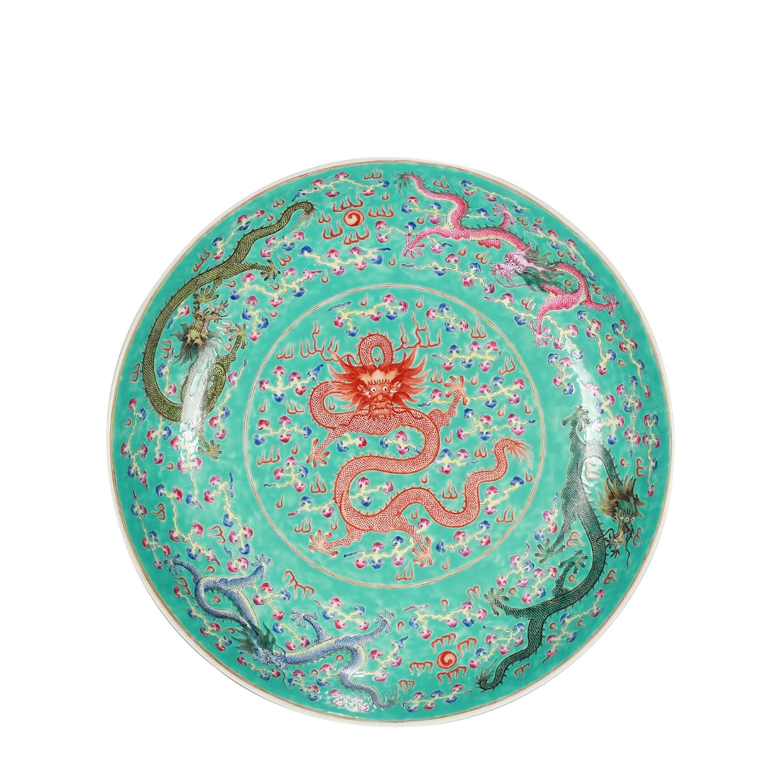 A TURQUOISE GREEN-GROUND FAMILLE ROSE 'FIVE DRAGONS' LARGE DISH: A TURQUOISE GREEN-GROUND FAMILLE ROSE 'FIVE DRAGONS' LARGE DISH Dimensions: Length: 54 cm (21.26 in.), Width: 54 cm (21.26 in.). All measurements are approximate.