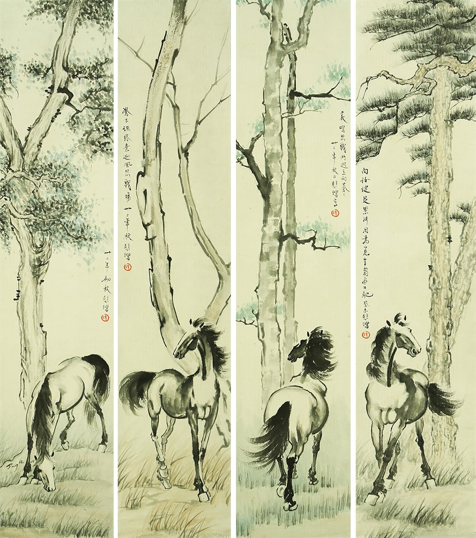 XU BEIHONG (1895-1953), ATTRIBUTED TO, STANDING HORSE (FOUR SCREENS): XU BEIHONG (1895-1953), ATTRIBUTED TO, STANDING HORSE (FOUR SCREENS) Dimensions: Length: 100 cm (39.37 in.), Width: 21 cm (8.27 in.), Height: 4 cm (1.57 in.). All measurements are approximate.