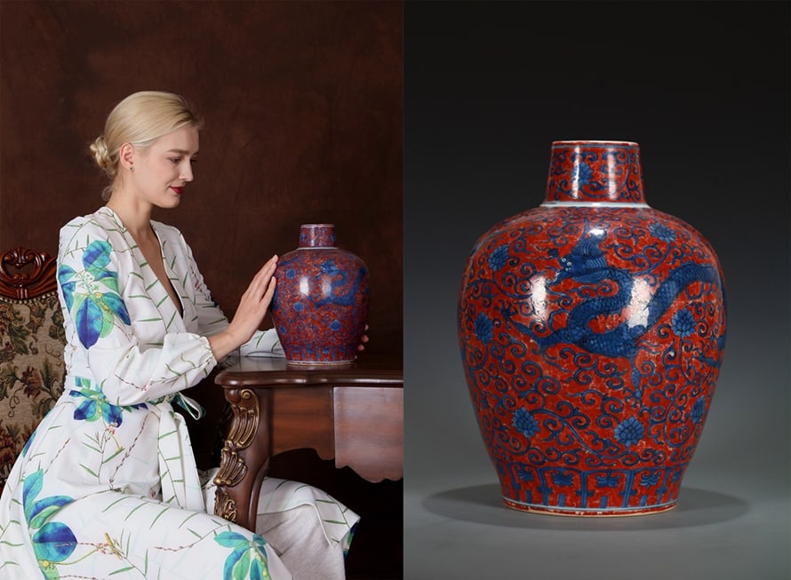 A BLUE AND WHITE AND IRON-RED 'DRAGON' MEIPING: A BLUE AND WHITE AND IRON-RED 'DRAGON' MEIPING Dimensions: Height: 26 cm (10.24 in.). All measurements are approximate.