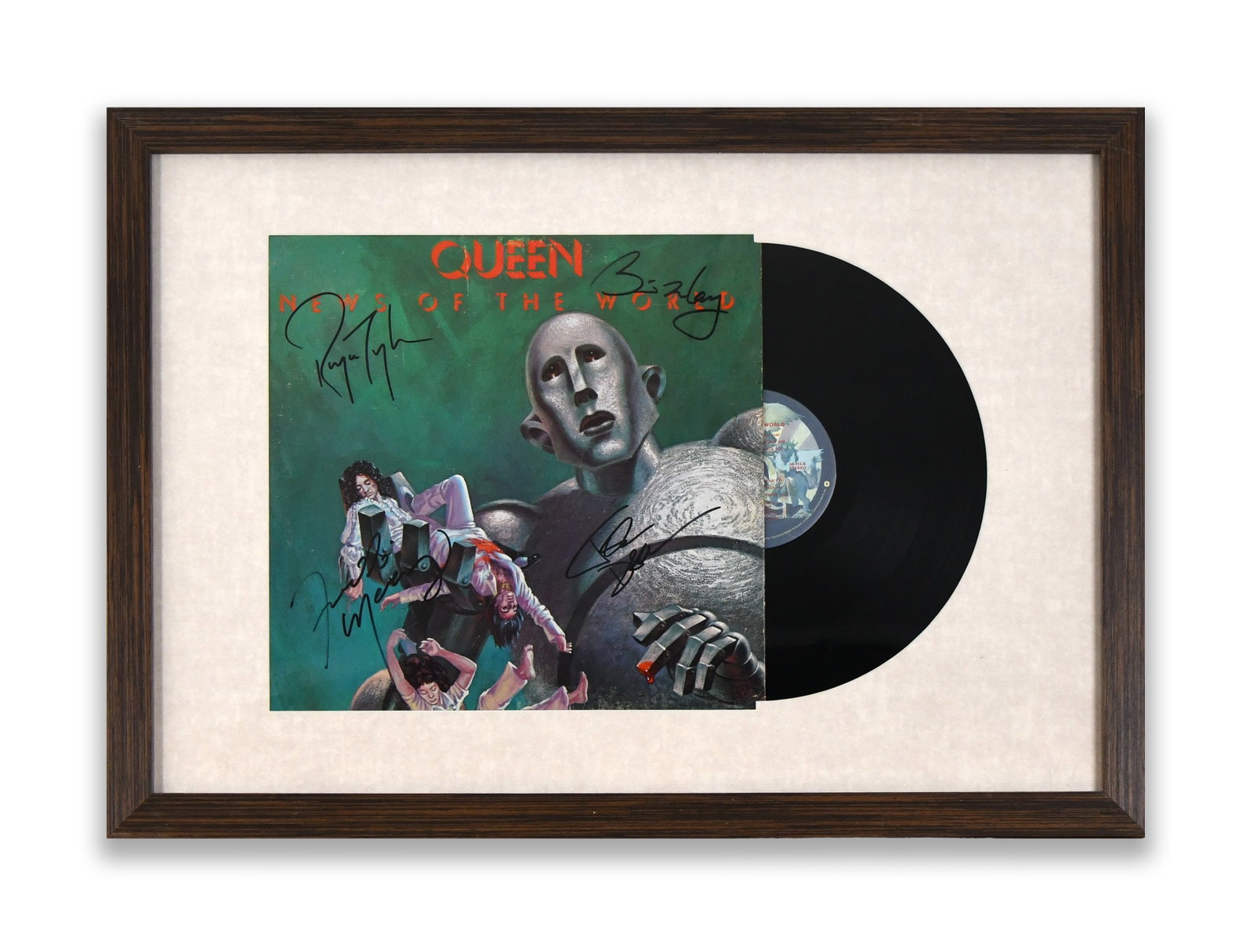 QUEEN - NEWS OF THE WORLD LP ALBUM WITH FULL BAND SIGNATURES: QUEEN - NEWS OF THE WORLD LP ALBUM WITH FULL BAND SIGNATURES Signature: Freddie Mercury, Brian May, Roger Taylor, John Deacon Description: The album is presented in its original LP format featuring Fr