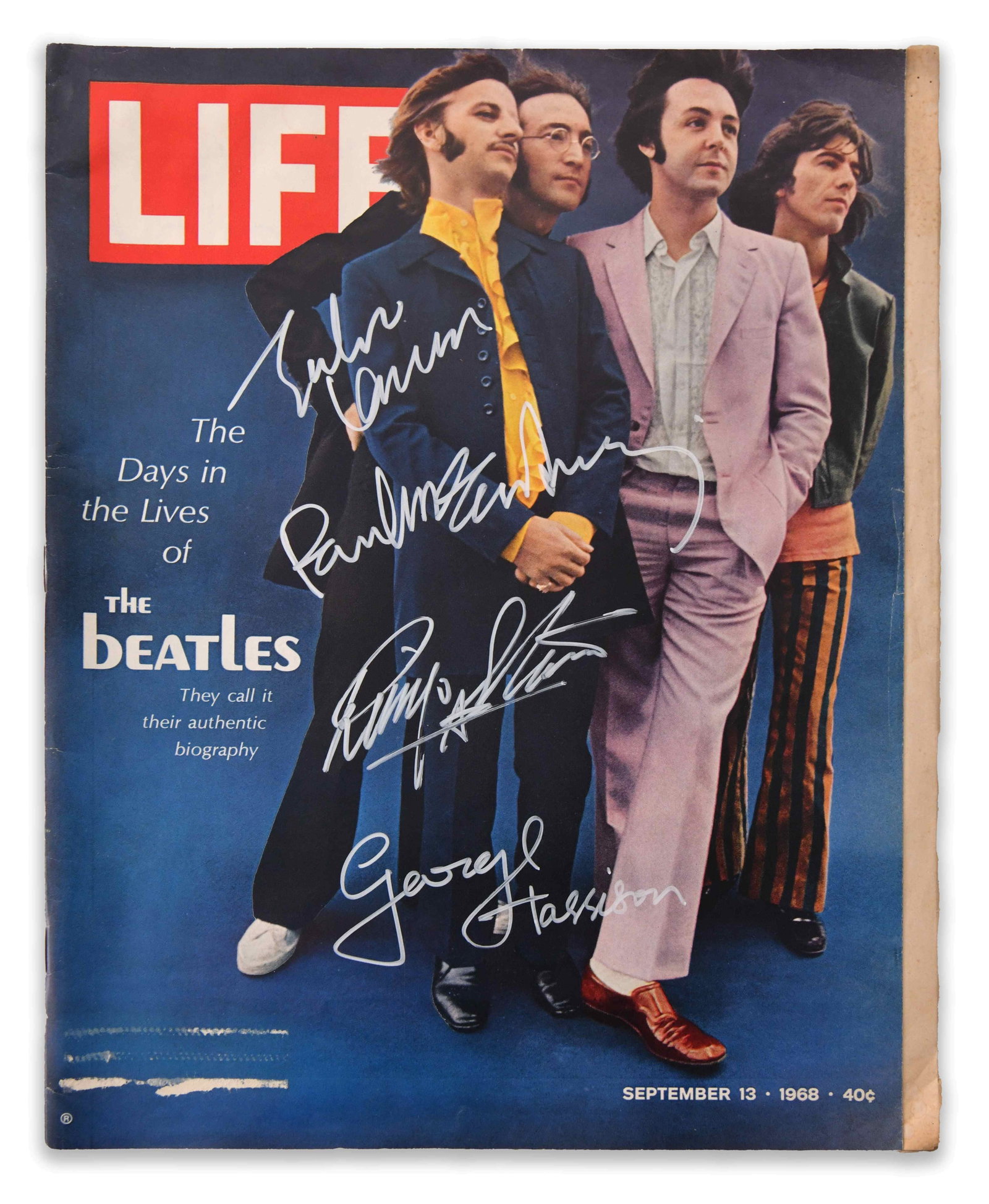 THE BEATLES - LIFE MAGAZINE WITH FULL BAND SIGNATURES (SEPTEMBER 13, 1968 ISSUE): THE BEATLES - LIFE MAGAZINE WITH FULL BAND SIGNATURES (SEPTEMBER 13, 1968 ISSUE) Signature: John Lennon, Paul McCartney, George Harrison, Ringo Starr Description: The magazine features an iconic full-