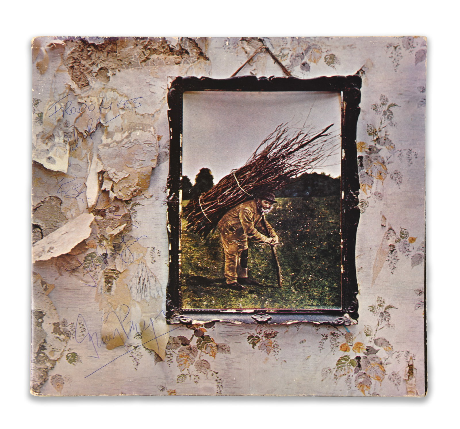 LED ZEPPELIN - SIGNED LED ZEPPELIN IV LP: LED ZEPPELIN - SIGNED LED ZEPPELIN IV LP Signature: Robert Plant / Jimmy Page / John Paul Jones / John Bonham. Description: A copy of Led Zeppelin IV issued by Atlantic Records (SD 19129), featuring t