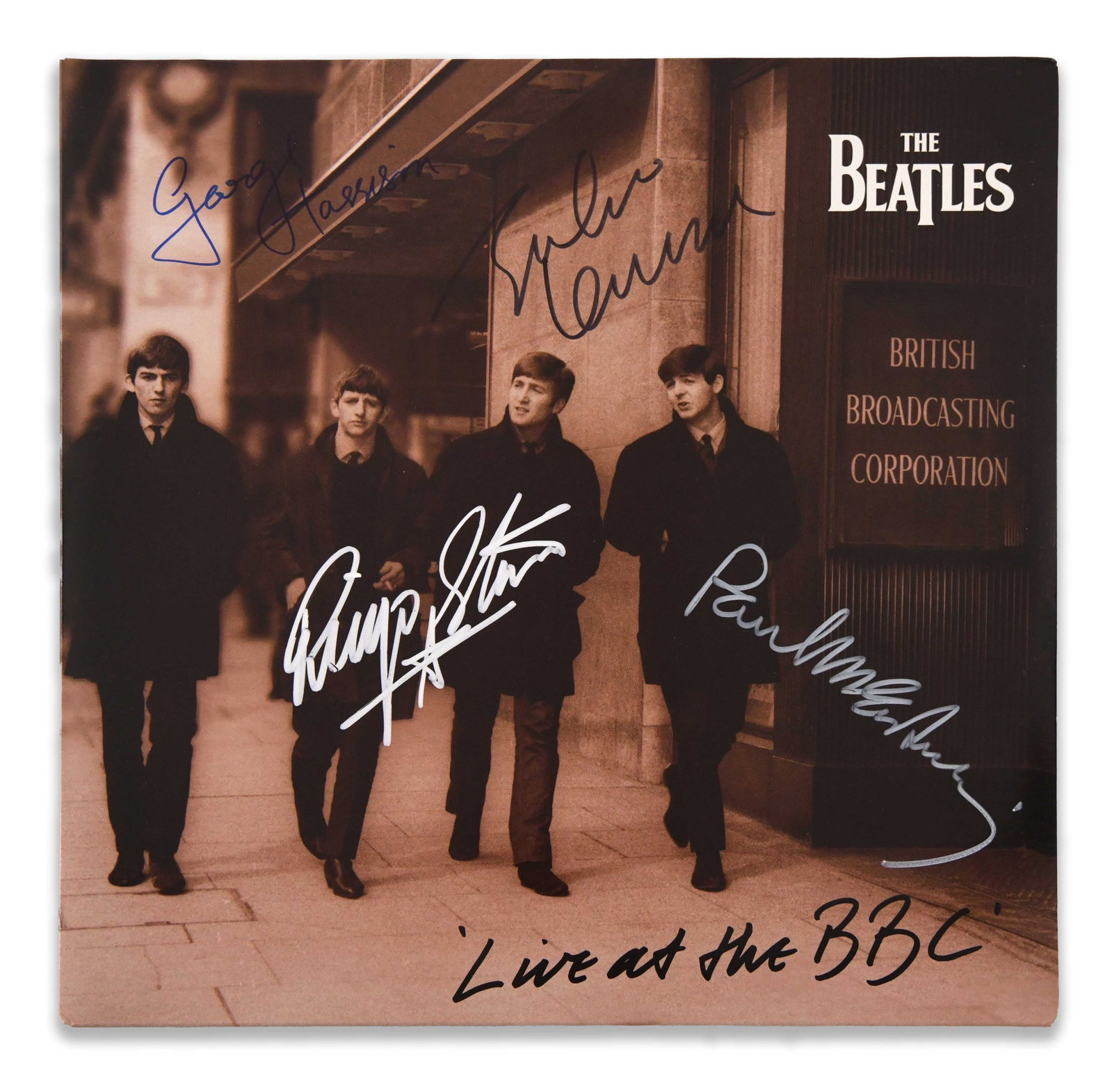 THE BEATLES - SIGNED LIVE AT THE BBC DOUBLE LP: THE BEATLES - SIGNED LIVE AT THE BBC DOUBLE LP Signature: John Lennon, Paul McCartney, George Harrison and Ringo Starr. Description: This entry catalogues The Beatles - Signed Live at the BBC Double L