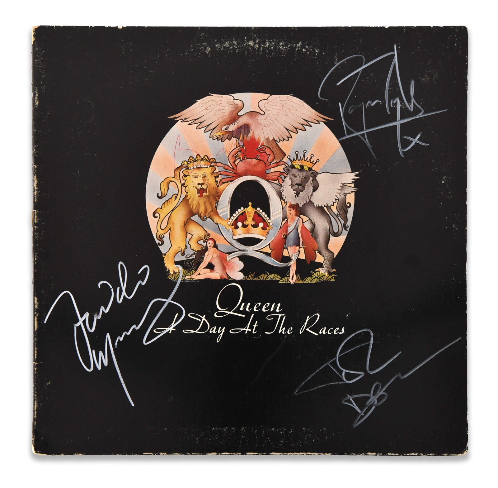 QUEEN - SIGNED A DAY AT THE RACES LP: QUEEN - SIGNED A DAY AT THE RACES LP Signature: Freddie Mercury, Brian May, Roger Taylor and John Deacon. Description: The lot titled Queen - Signed A Day at the Races LP is described for public viewi