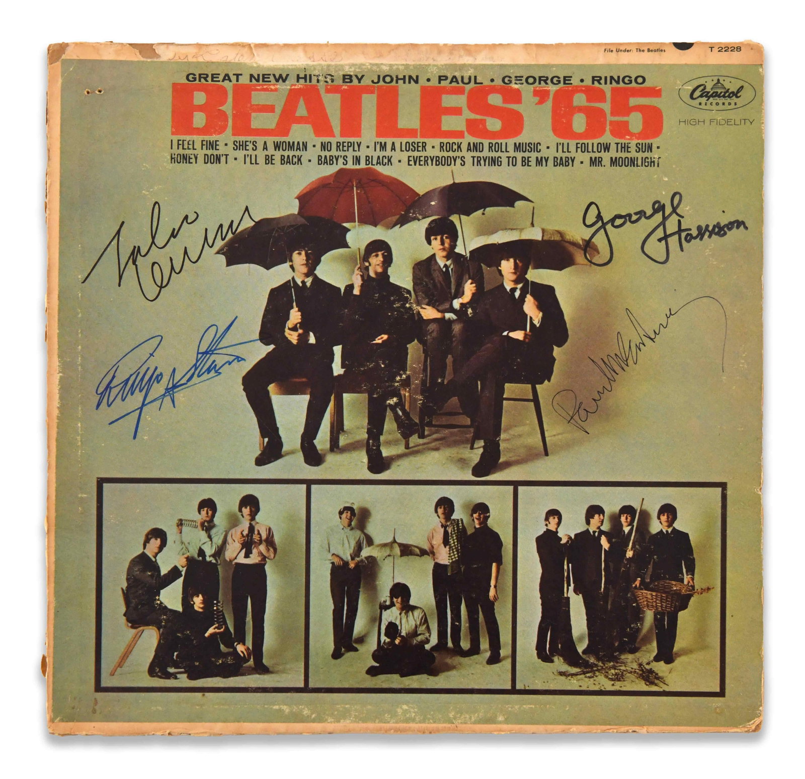THE BEATLES - SIGNED BEATLES '65 LP: THE BEATLES - SIGNED BEATLES '65 LP Signature: John Lennon, Paul McCartney, George Harrison and Ringo Starr. Description: The Beatles - Signed Beatles '65 LP is presented as a distinct auction lot wit