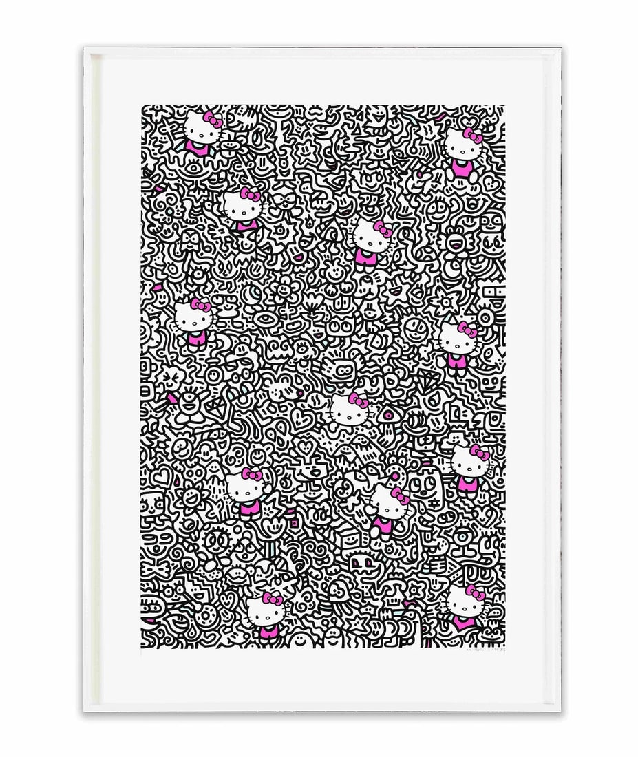 KEITH HARING, HELLO KITTY PATTERN COMPOSITION: KEITH HARING, HELLO KITTY PATTERN COMPOSITION Dimensions: Outer frame size: 70 x 50 cm. All measured values are approximate. Historical significance: Keith Haring emerged in the 1980s as a defining fi