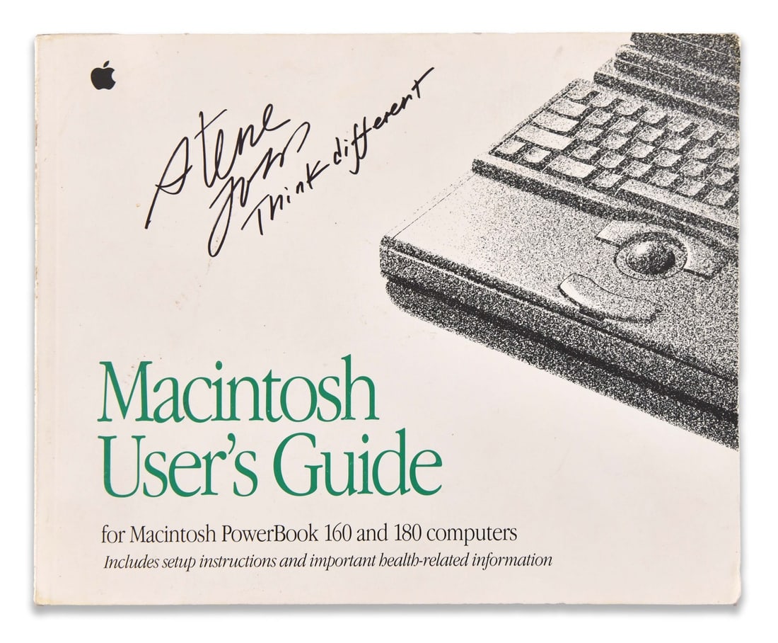 STEVE JOBS (1955-2011), SIGNED MACINTOSH USER'S GUIDE: STEVE JOBS (1955-2011), SIGNED MACINTOSH USER'S GUIDE Signature: Steve Jobs Description: A signed technology memorabilia centered on Apple Macintosh user's guide. The photographic record shows the pri