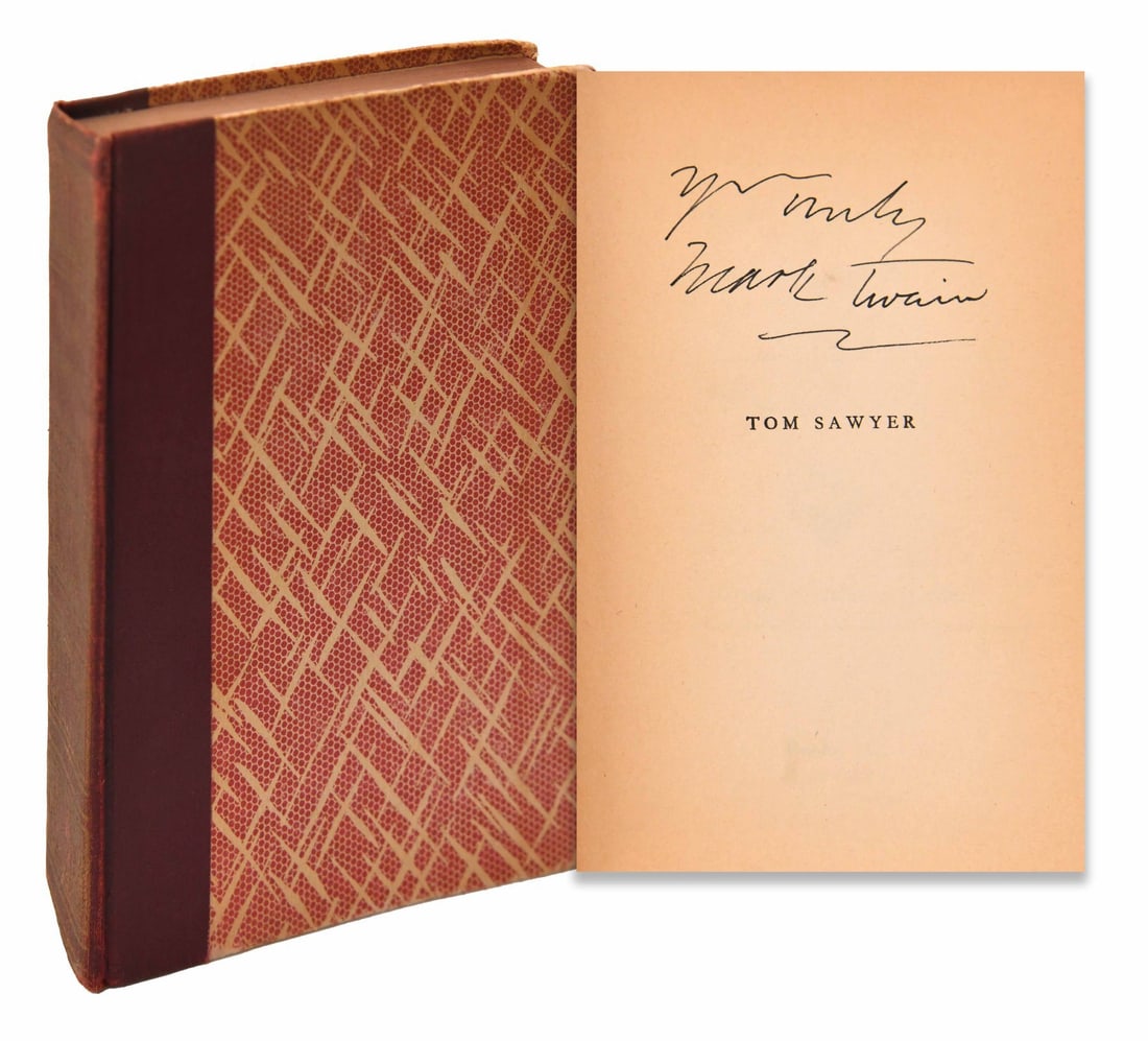 MARK TWAIN (1835-1910), SIGNED THE GILDED AGE: MARK TWAIN (1835-1910), SIGNED THE GILDED AGE Signature: Mark Twain Description: A signed book centered on Mark Twain and Charles Dudley Warner novel volume. The photographic record shows the principa