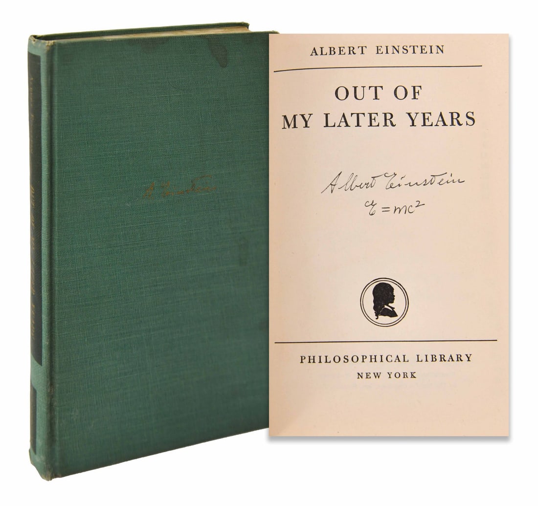 ALBERT EINSTEIN (1879-1955), SIGNED OUT OF MY LATER YEARS: ALBERT EINSTEIN (1879-1955), SIGNED OUT OF MY LATER YEARS Signature: Albert Einstein Description: A signed book centered on Einstein later essays volume in green cloth. The photographs show the bindin