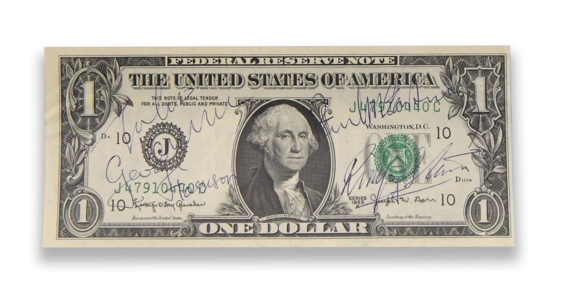 THE BEATLES, FOUR-MEMBER SIGNED UNITED STATES ONE DOLLAR NOTE: THE BEATLES, FOUR-MEMBER SIGNED UNITED STATES ONE DOLLAR NOTE Signature: John Lennon, Paul McCartney, George Harrison and Ringo Starr. Description: A United States one dollar note bearing the signatur