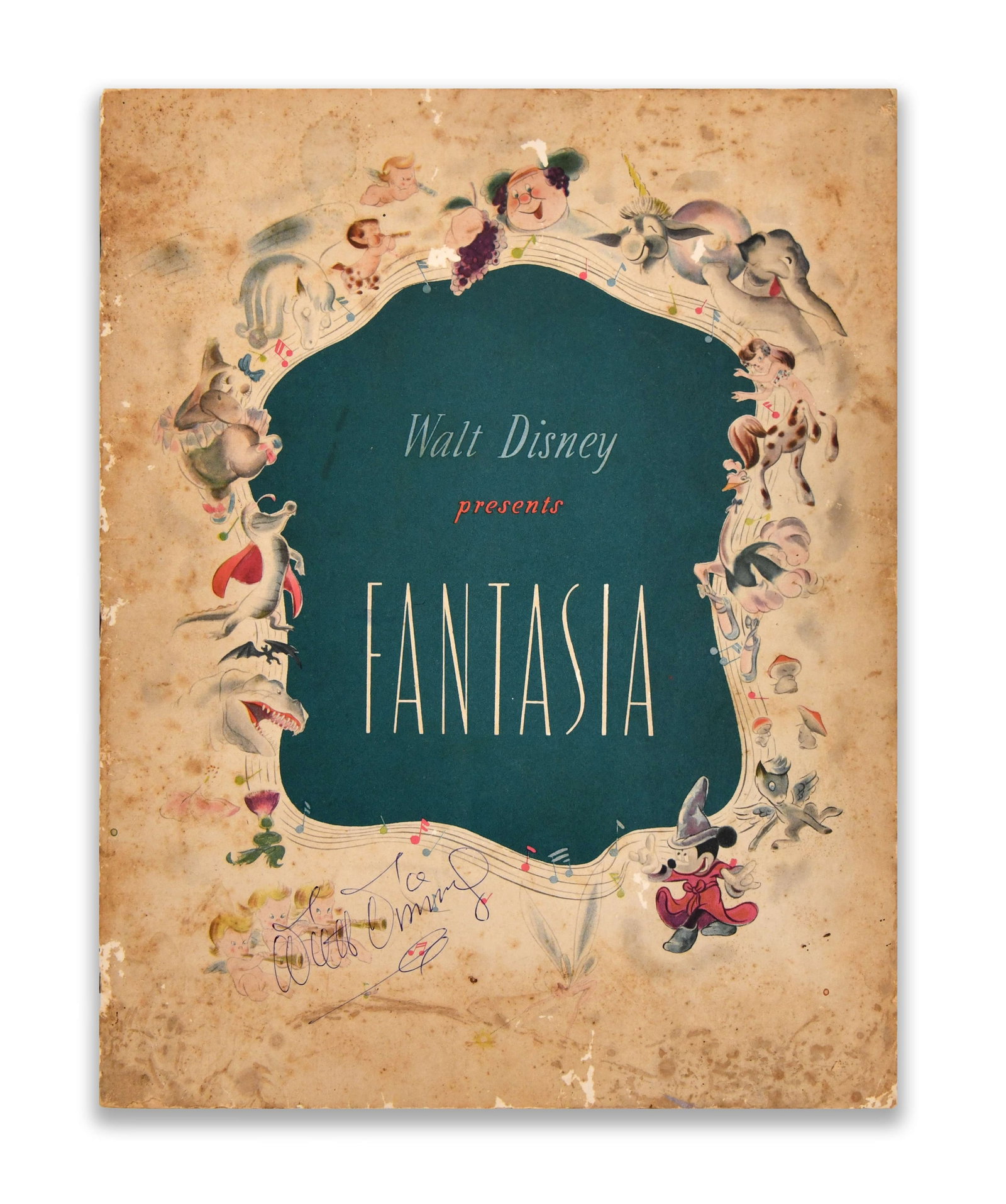 WALT DISNEY (1901-1966), FANTASIA, SIGNED PRESENTATION PROGRAM / SOUVENIR BOOK: WALT DISNEY (1901-1966), FANTASIA, SIGNED PRESENTATION PROGRAM / SOUVENIR BOOK Signature: Walt Disney Description: The program features an illustrated cover with the title Fantasia surrounded by whims