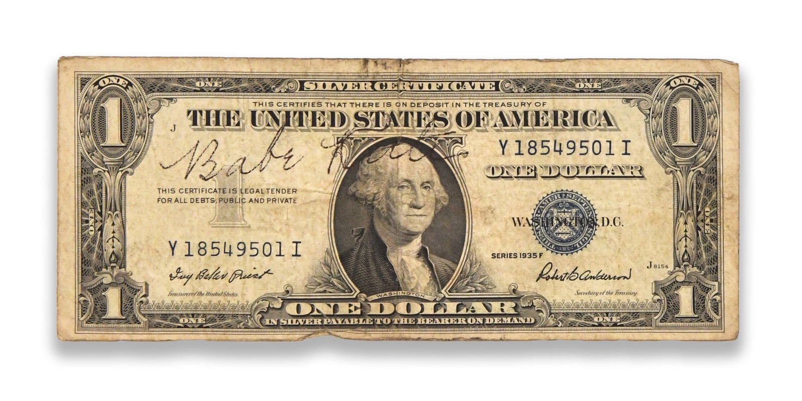 BABE RUTH - SIGNED 1935F ONE DOLLAR SILVER CERTIFICATE: BABE RUTH - SIGNED 1935F ONE DOLLAR SILVER CERTIFICATE Signature: Babe Ruth. Description: A Series 1935F United States one-dollar Silver Certificate bearing the blue Treasury seal and serial number
