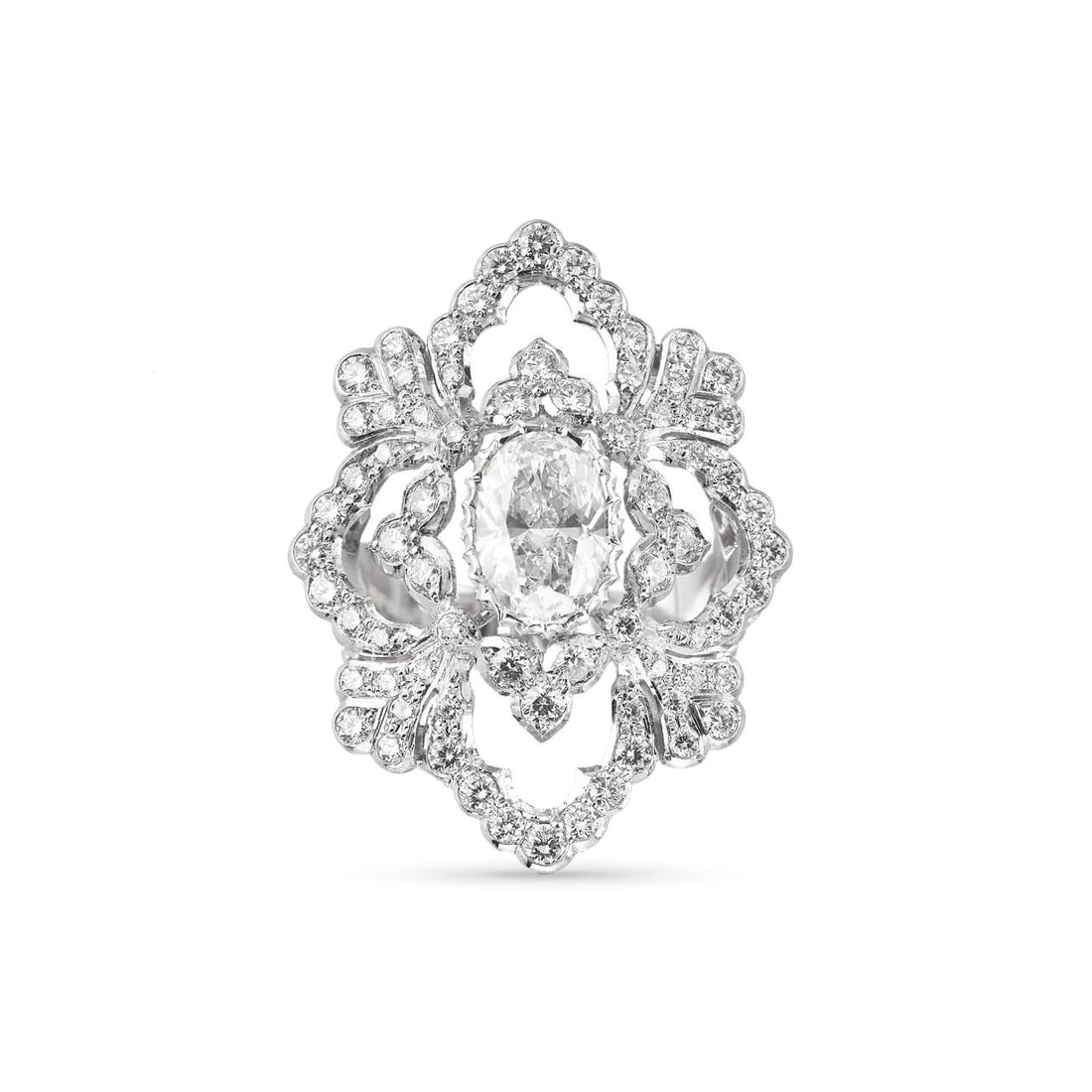 OPERA HIGH JEWELLERY WHITE GOLD DIAMOND RING: OPERA HIGH JEWELLERY WHITE GOLD DIAMOND RING Description: The ring is designed with alternating white gold and diamond garlands and fan-shaped patterns. The word "rigato" is engraved on the side, and 