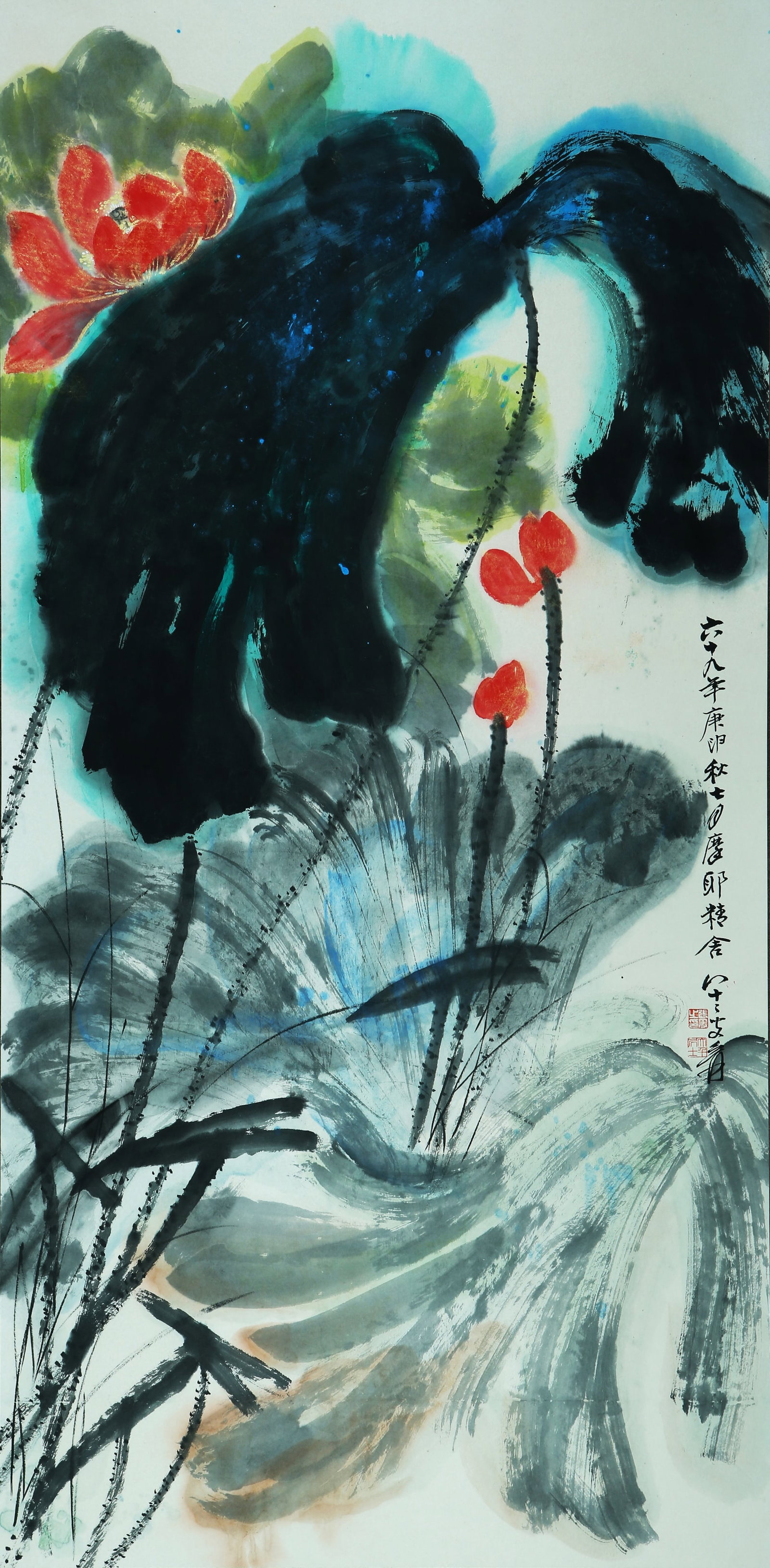 ZHANG DAQIAN (1899-1983), ATTRIBUTED TO, LOTUS: ZHANG DAQIAN (1899-1983), ATTRIBUTED TO, LOTUS Dimensions: Height: 137 cm (53.94 in.), Width: 67 cm (26.38 in.). All measurements are approximate.