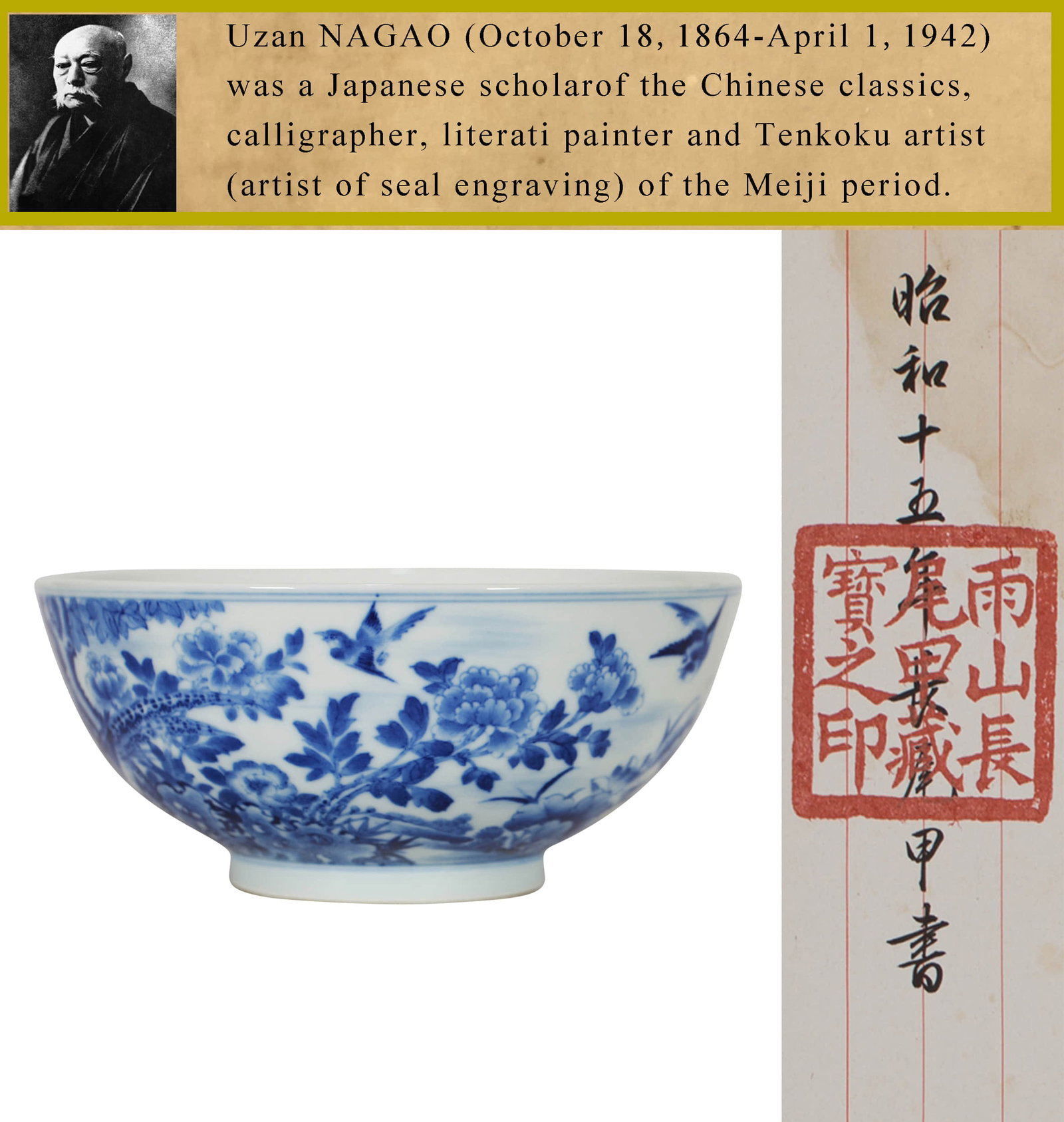 A BLUE AND WHITE 'FLOWERS AND BIRDS' LARGE BOWL: A BLUE AND WHITE 'FLOWERS AND BIRDS' LARGE BOWL Dimensions: Diameter: 22 cm (8.66 in.), Height: 9.5 cm (3.74 in.). All measurements are approximate.