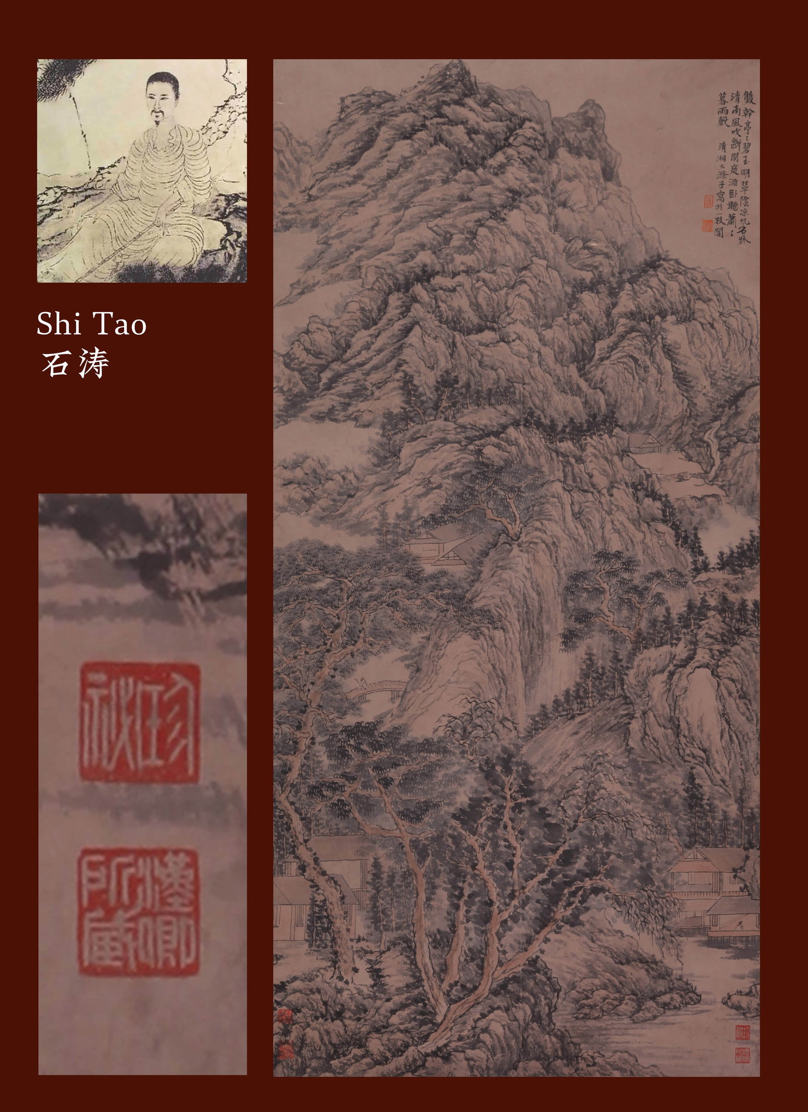 SHI TAO (1642-1707), ATTRIBUTED TO, MOUNTAIN DWELLING (HANGING SCROLL, INK AND COLOR ON PAPER): SHI TAO (1642-1707), ATTRIBUTED TO, MOUNTAIN DWELLING (HANGING SCROLL, INK AND COLOR ON PAPER) Dimensions: Height: 138 cm (54.33 in.), Width: 67.5 cm (26.57 in.). All measurements are approximate.