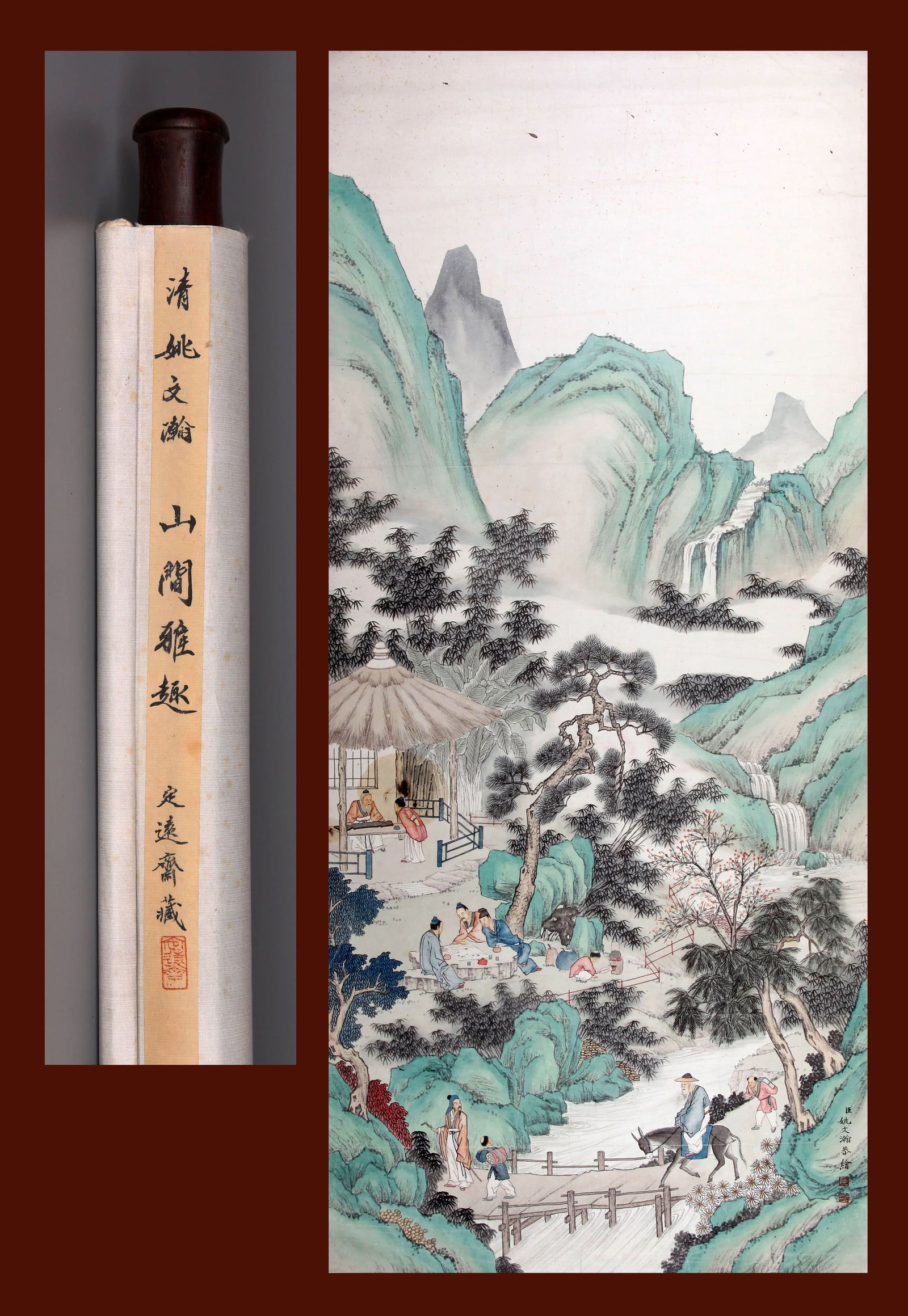 YAO WENHAN (ACT. 18TH C.), ATTRIBUTED TO, ELEGANT GATHERING IN THE MOUNTAINS (HANGING SCROLL, INK: YAO WENHAN (ACT. 18TH C.), ATTRIBUTED TO, ELEGANT GATHERING IN THE MOUNTAINS (HANGING SCROLL, INK AND COLOR ON PAPER) Dimensions: Height: 136 cm (53.54 in.), Width: 56 cm (22.05 in.). All measurements