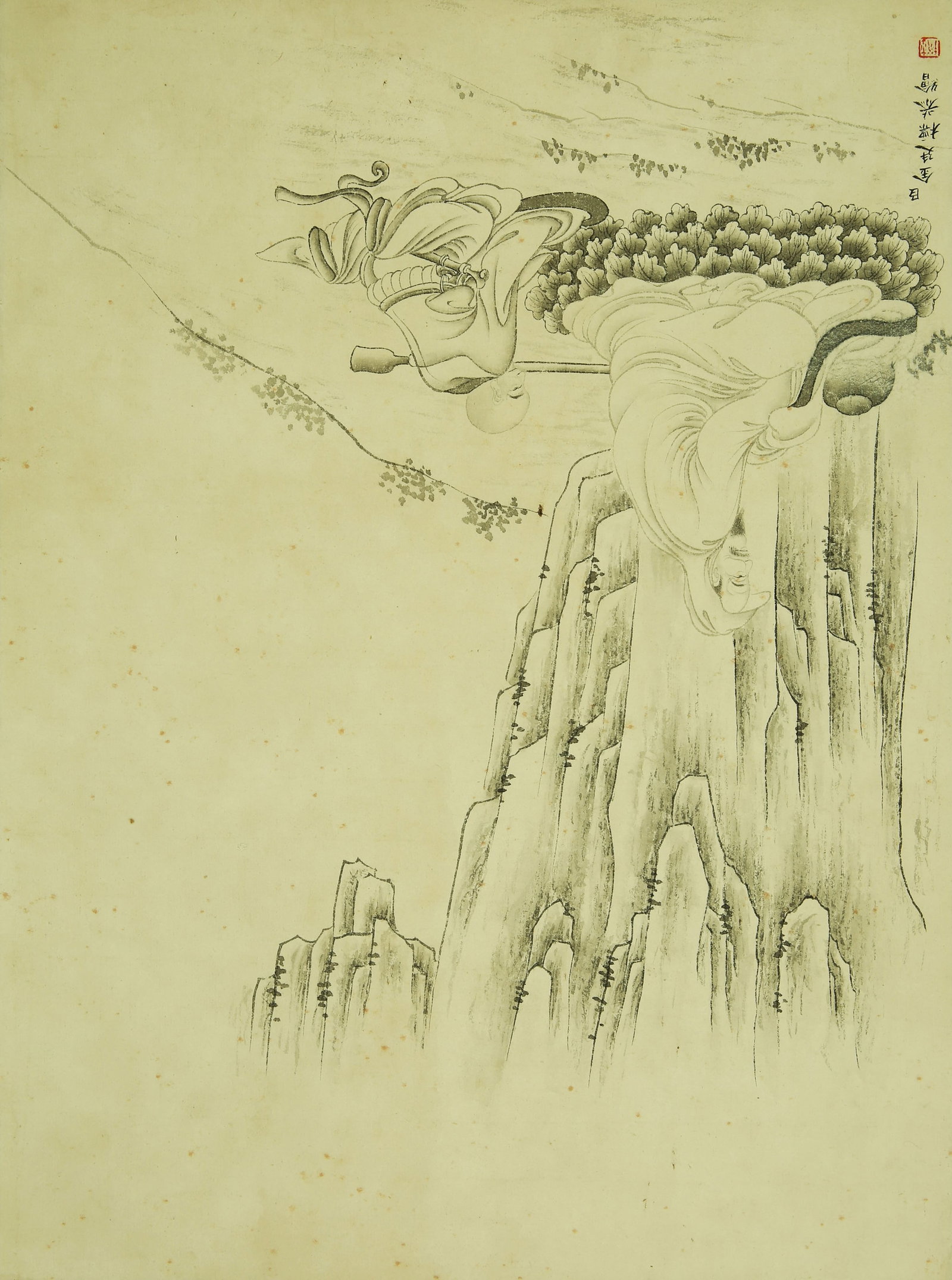 JIN TINGBIAO (ACT. 18TH C.), ATTRIBUTED TO, BODHIDHARMA FACING THE WALL: JIN TINGBIAO (ACT. 18TH C.), ATTRIBUTED TO, BODHIDHARMA FACING THE WALL Dimensions: Height: 43 cm (16.93 in.), Width: 32 cm (12.60 in.). All measurements are approximate.