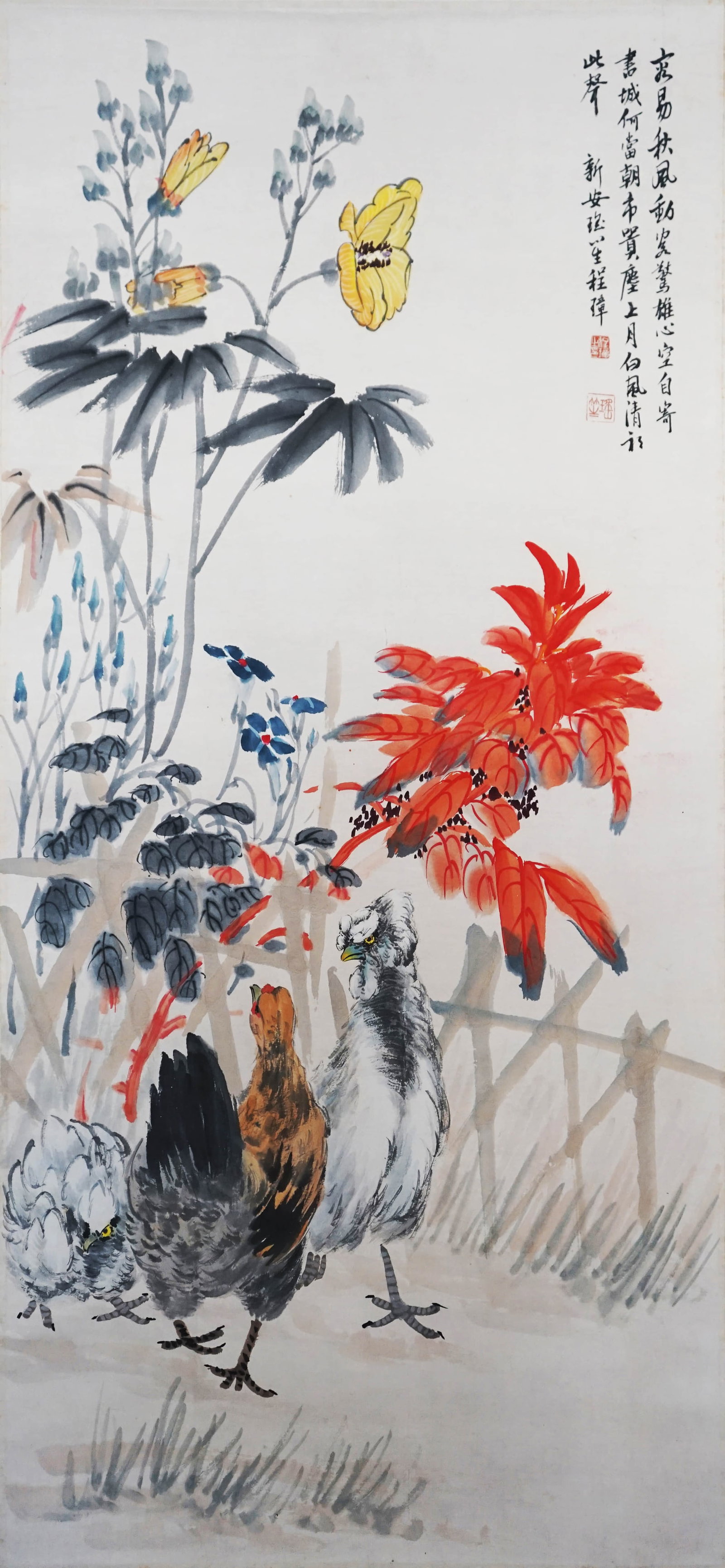 CHENG ZHANG (1869-1938), ATTRIBUTED TO, FLOWERS AND FLOCK OF CHICKENS: CHENG ZHANG (1869-1938), ATTRIBUTED TO, FLOWERS AND FLOCK OF CHICKENS Dimensions: Height: 96.5 cm (37.99 in.), Width: 44.5 cm (17.52 in.). All measurements are approximate.