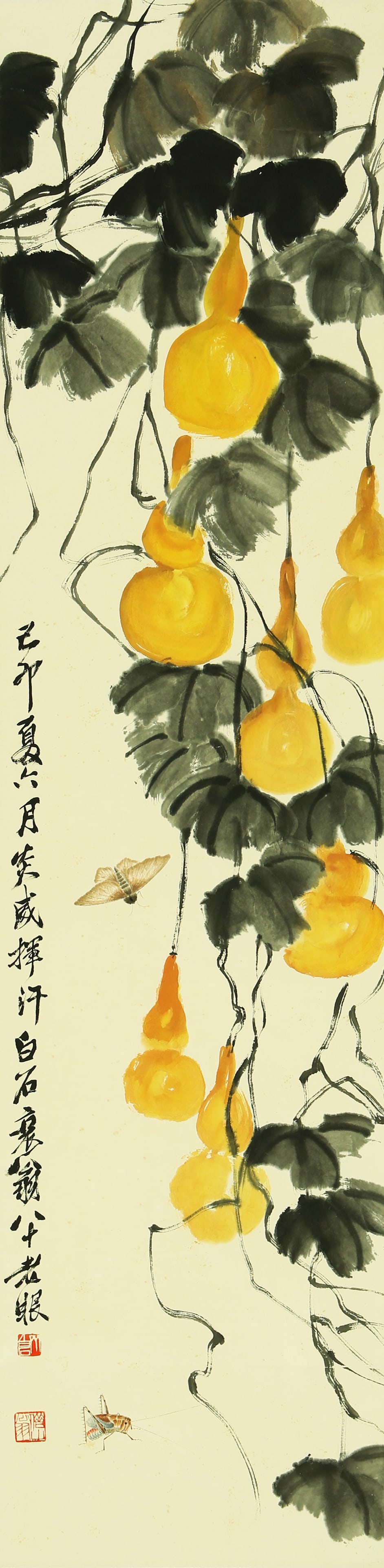 QI BAISHI (1864-1957), ATTRIBUTED TO, GOURD AND GRASSHOPPER: QI BAISHI (1864-1957), ATTRIBUTED TO, GOURD AND GRASSHOPPER Dimensions: Height: 137 cm (53.94 in.), Width: 33 cm (12.99 in.). All measurements are approximate.