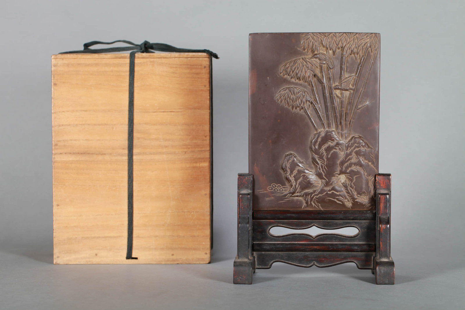 A DUAN STONE CARVED 'BAMBOO, ROCK AND POEM' TABLE SCREEN (1 of 9)