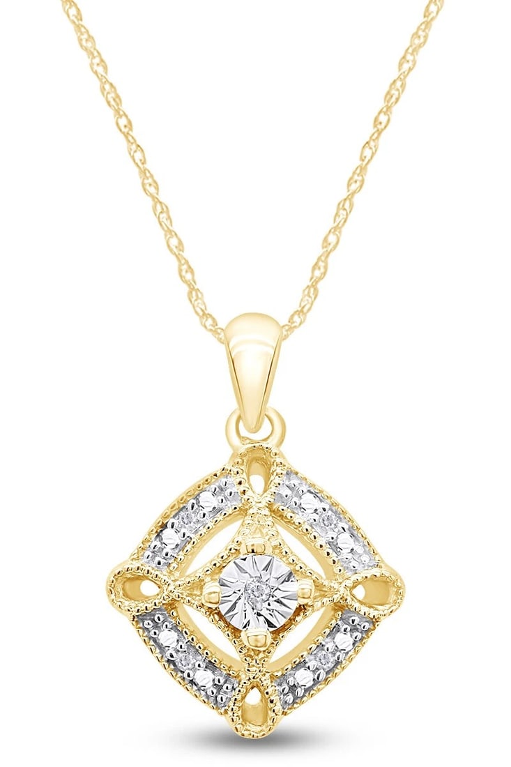 GOLD-TONE COLORLESS STONE GEOMETRIC PENDANT NECKLACE: GOLD-TONE COLORLESS STONE GEOMETRIC PENDANT NECKLACE Description: A compact diamond-shaped pendant in gold-tone metal, incorporating open geometric framing and a diagonal arrangement of small colorles