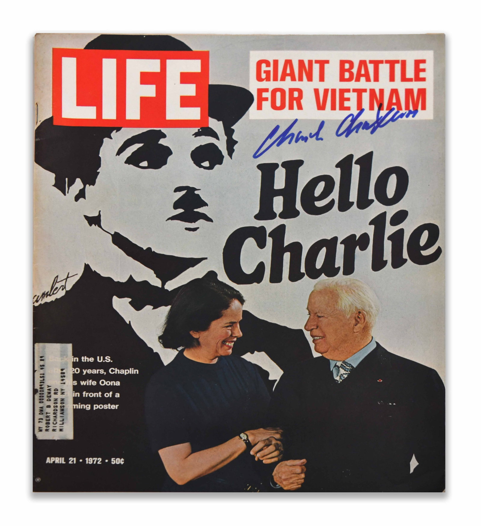 CHARLIE CHAPLIN - SIGNED LIFE MAGAZINE, APRIL 21, 1972 ISSUE: CHARLIE CHAPLIN - SIGNED LIFE MAGAZINE, APRIL 21, 1972 ISSUE Provenance and Authenticity: This item is presented as an original Life magazine issue dated April 21, 1972, featuring Charlie Chaplin-them