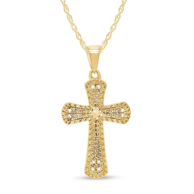 GOLD-TONE PAVé-STYLE CROSS PENDANT NECKLACE: GOLD-TONE PAVÉ-STYLE CROSS PENDANT NECKLACE Description: A gold-tone cross pendant with softly rounded arms covered by numerous small bright stones, suspended from a fine matching chain.