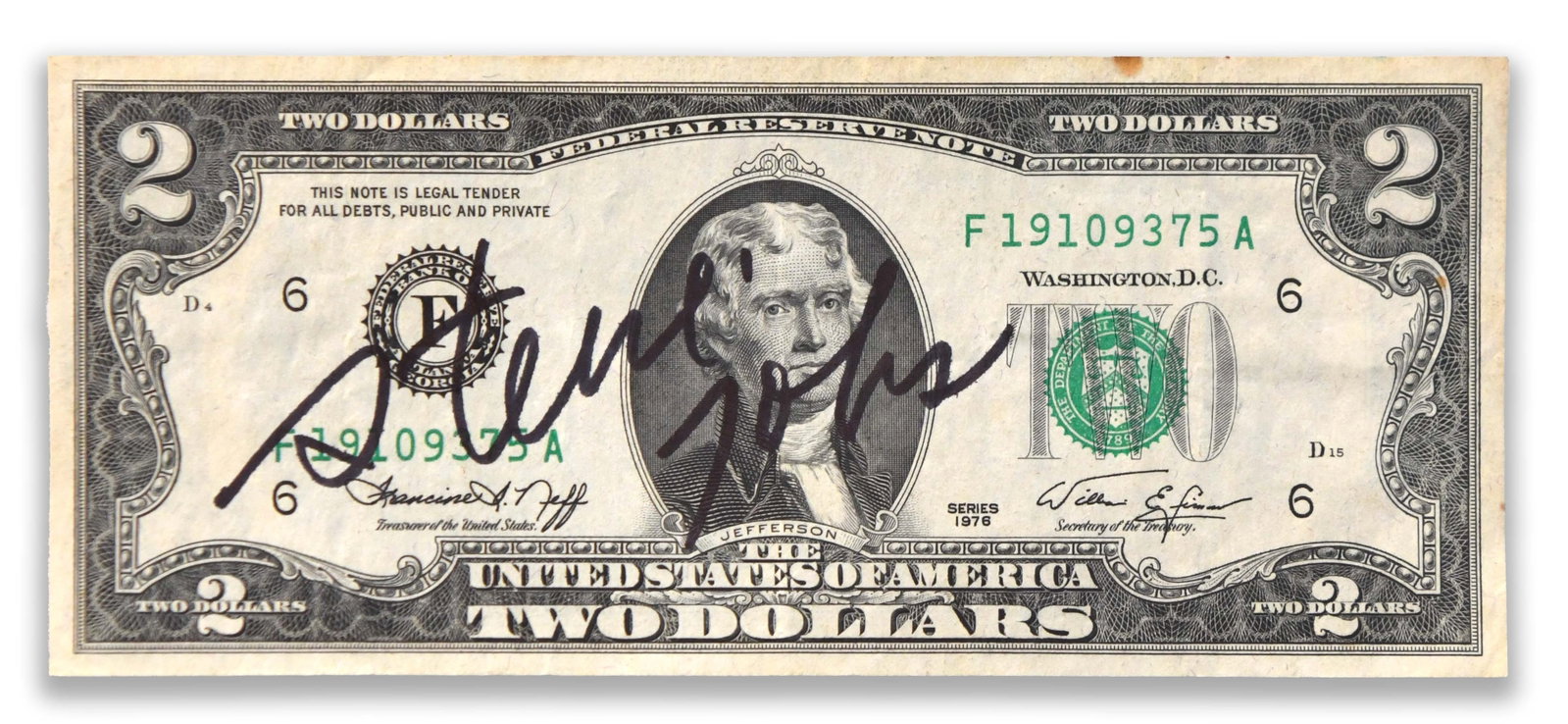 STEVE JOBS - SIGNED SERIES 1976 UNITED STATES TWO-DOLLAR FEDERAL RESERVE NOTE (1 of 2)