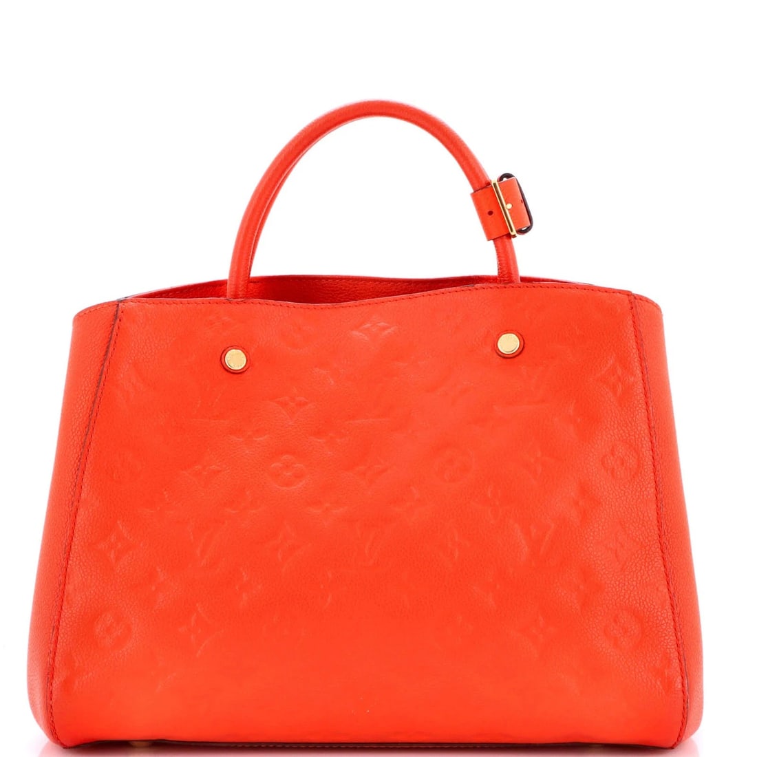 ORANGE LEATHER STRUCTURED TOP-HANDLE HANDBAG: ORANGE LEATHER STRUCTURED TOP-HANDLE HANDBAG Description: A structured orange leather handbag with twin top handles, a clean rectangular body, gently rounded upper corners, and small gold-tone
