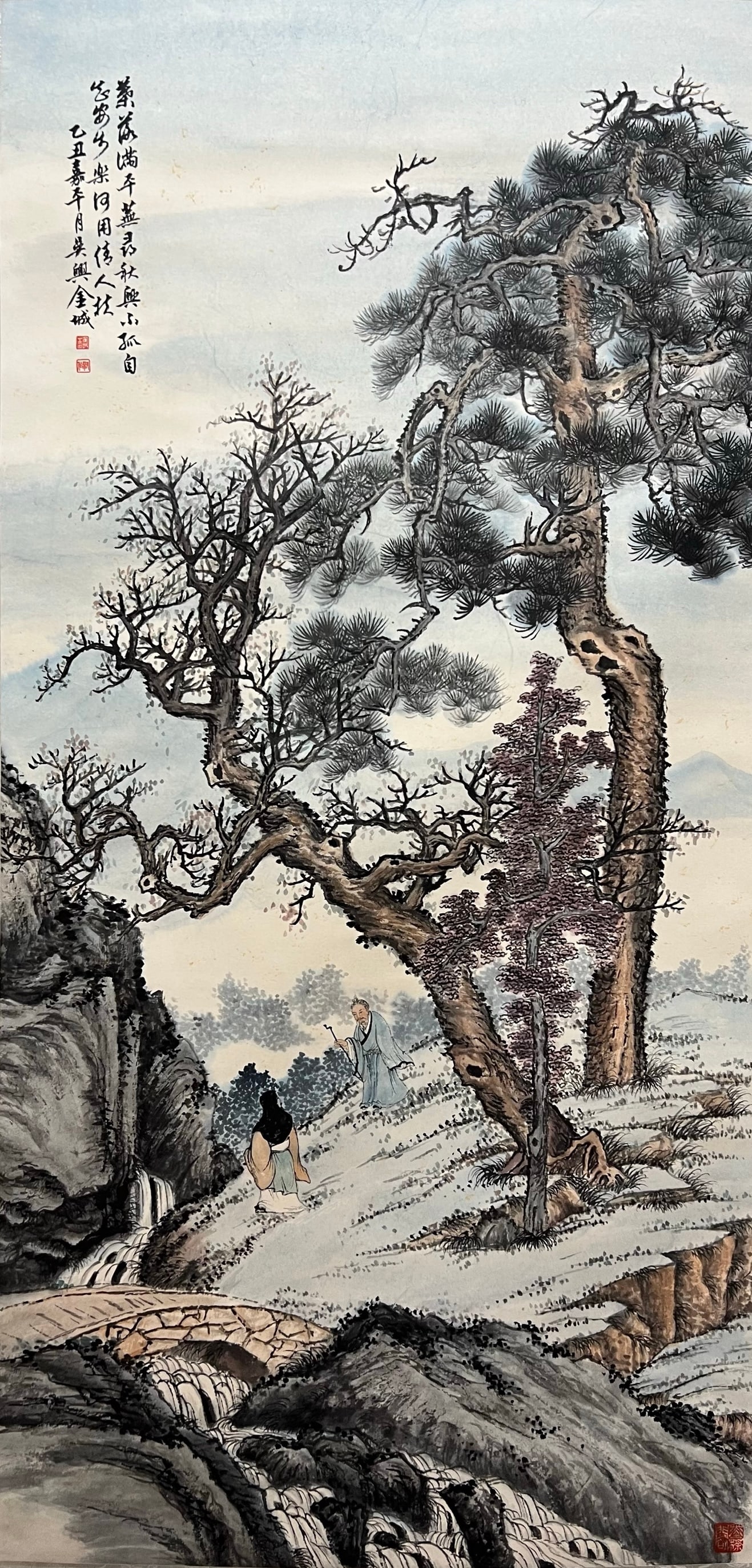 JIN CHENG (1878-1926), LOFTY SCHOLAR UNDER A PINE: JIN CHENG (1878-1926), LOFTY SCHOLAR UNDER A PINE Dimensions: Length: 133 cm (52.4 in.), Width: 64 cm (25.2 in.). All measurements are approximate.