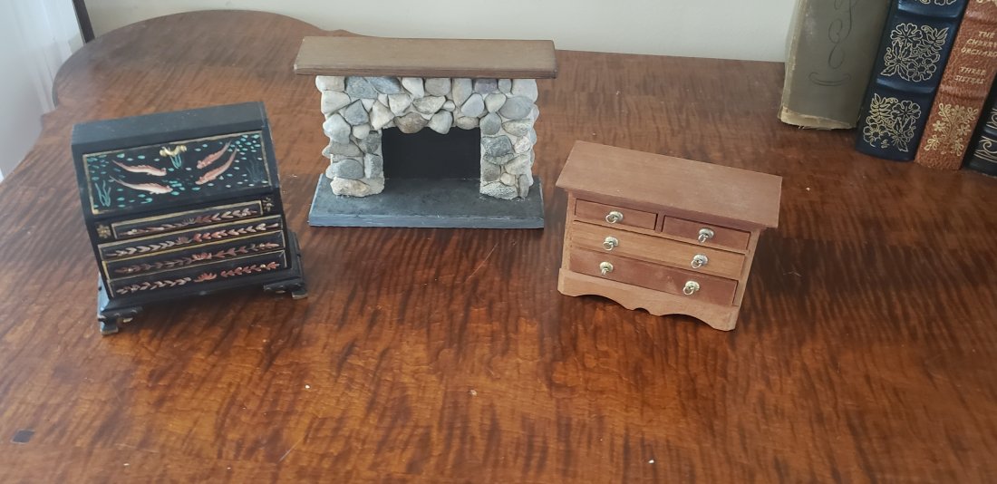 Doll House Furniture Secretary Stone Fireplace Dresser: Doll House Furniture Hand Painted Secretary 3.5" tall and almost 4" across, Real Stone Fireplace with wooden mantle 3.75" tall and 5.25" across, and Dresser with metal pulls 2.75" tall 4" across. Buye