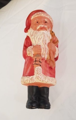 Vintage Christmas Celluloid Santa Rattle Occupied Japan: Vintage Christmas Celluloid Santa Rattle Occupied Japan. Measures 6" tall. A few small dents and a hole in his heel see photos. Buyers Premium 20%. *In-House Shipping Available*