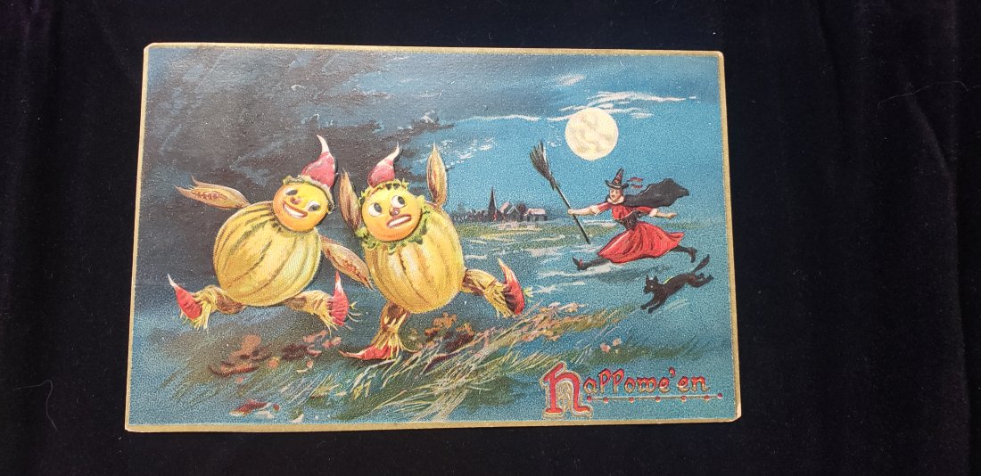 Early Halloween Tucks PostCard 1909 Witch Black Cat Pumpkin: Early Halloween Tucks PostCard 1909 Witch Black Cat Pumpkin Men Running Away. Raphael Tuck & Sons Hallowe'en Post Card Series 150. Postally used in 1909. Buyers Premium 20%. *In-House Shipping Availab