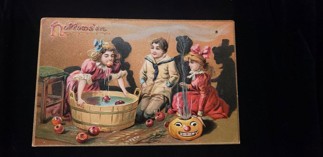 Early Halloween Tucks PostCard Jack O Lantern Party Scene Apple Bobbing: Early Halloween Tucks PostCard Scene is children at a Halloween party bobbing for Apples. Raphael Tuck & Sons Hallowe'en Post Card Series 150. Buyers Premium 20%. *In-House Shipping Available*