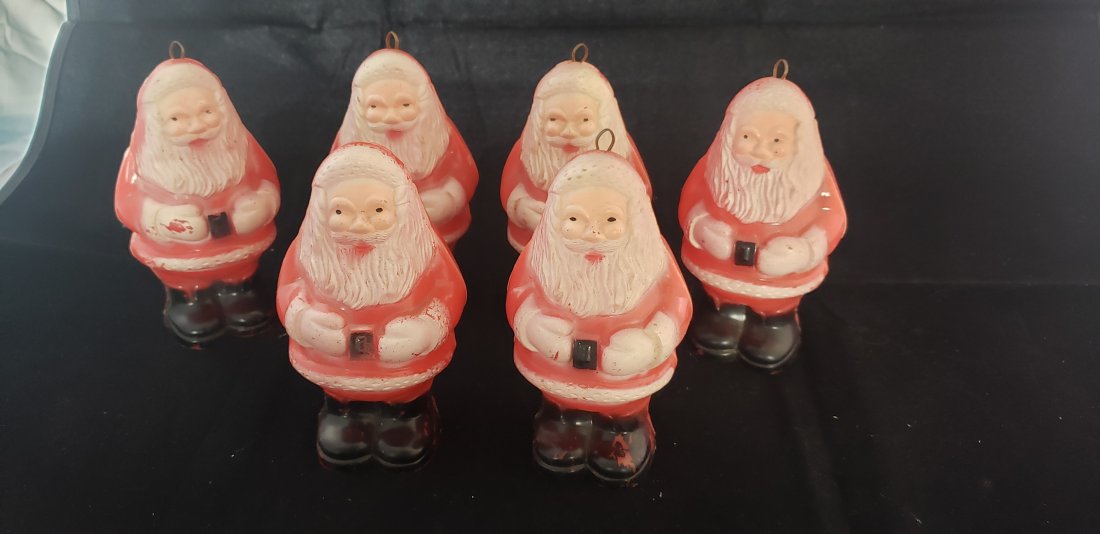 Vintage Christmas Hard Plastic Santa Tree Light Covers: Vintage Christmas Hard Plastic Santa Tree Light Covers. Each on is 4.5" tall. All of them have some wear and paint loss. It has become very hard to find a set of these. Wonderful example of mid-centur