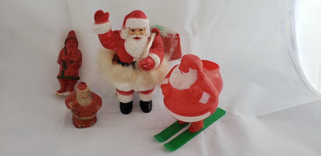 Vintage Christmas Hard Plastic Santas Irwin Figure Candy Containers: Vintage Christmas Hard Plastic Santas Irwin Figure Candy Containers. The smallest figure has a lot of damages photos. The Santa with fur rim has some paint issues and fur needs some gluing. Buyers Pre