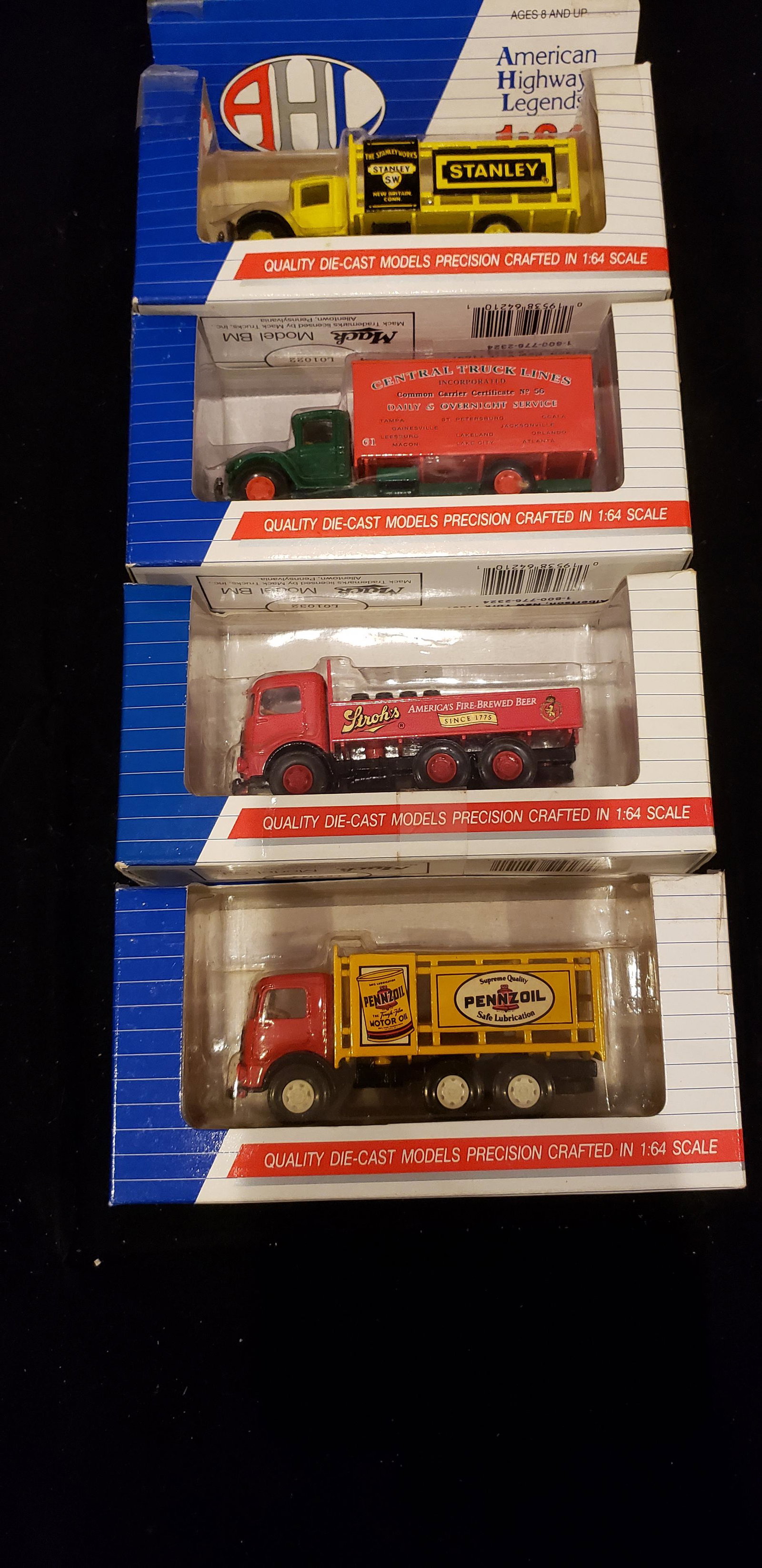 4 American Highway Legends 1:64 Scale Mack Die Cast Trucks: 4 American Highway Legends 1:64 Scale Mack Die Cast Trucks. Buyers Premium 20%. * In-House Shipping Available**Pick up is April 15th 11-4 at 31 Wall Street Oxford, NJ. You will receive 1 invoice for h
