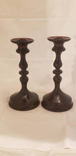 Cambridge Amethyst Glass Candlesticks: Cambridge Amethyst Glass Candlesticks. Beautiful Spindle design. Please note that one of them is slightly smaller than the other - see photos for measurments. Buyers Premium 20% *In-House Shipping