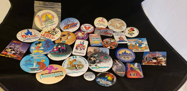 Lot of Disney World Disneyland Pinback buttons: Lot of Disney World Disneyland Pinback buttons. Many of them are for Park Anniversaries. Buyers Premium 20% *In-House Shipping Available* After you pay your invoice for Hammer Price and Premium YOU