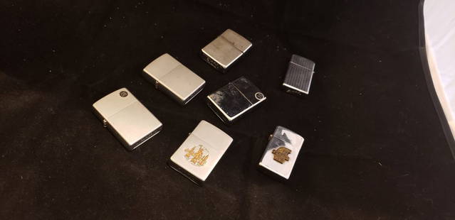 Mixed Lot of  7 Zippo Lighters: Mixed Lot of 7 Zippo Lighters. Good to not so good. Buyers Premium 20% *In-House Shipping Available* After you pay your invoice for Hammer Price and Premium YOU WILL RECEIVE A 2nd INVOICE THRU PAYPAL