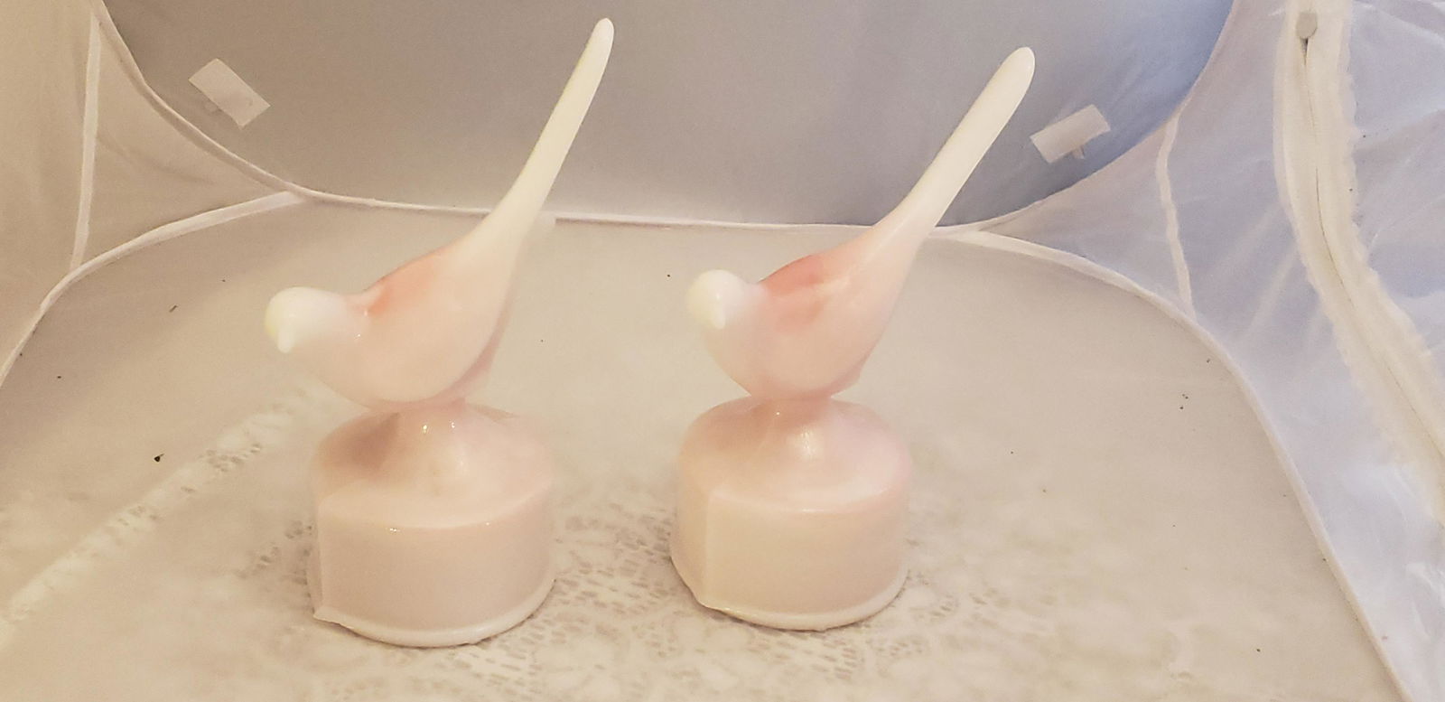 Pair Milk Glass Pink Swirled Bird Figures (1 of 7)