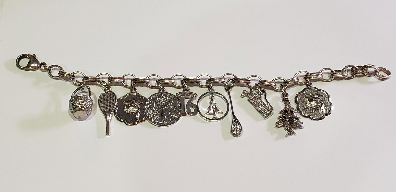 Sterling Silver Charm Bracelet w/ 10 Charms (1 of 5)